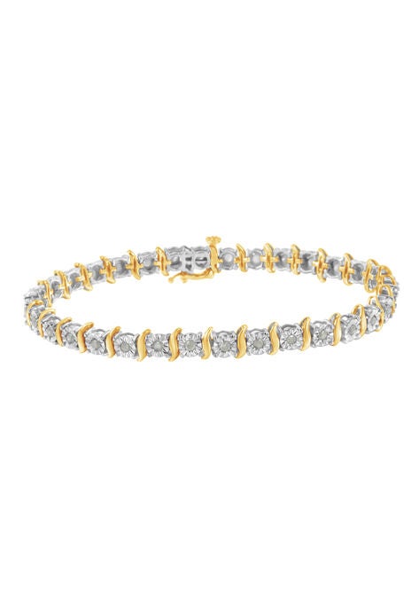 Two Toneyellow Gold Over Sterling Silver Diamond Scurve Link Miracleset Tennis Bracelet 8", YELLOW GOLD SILVER, hi-res image number null