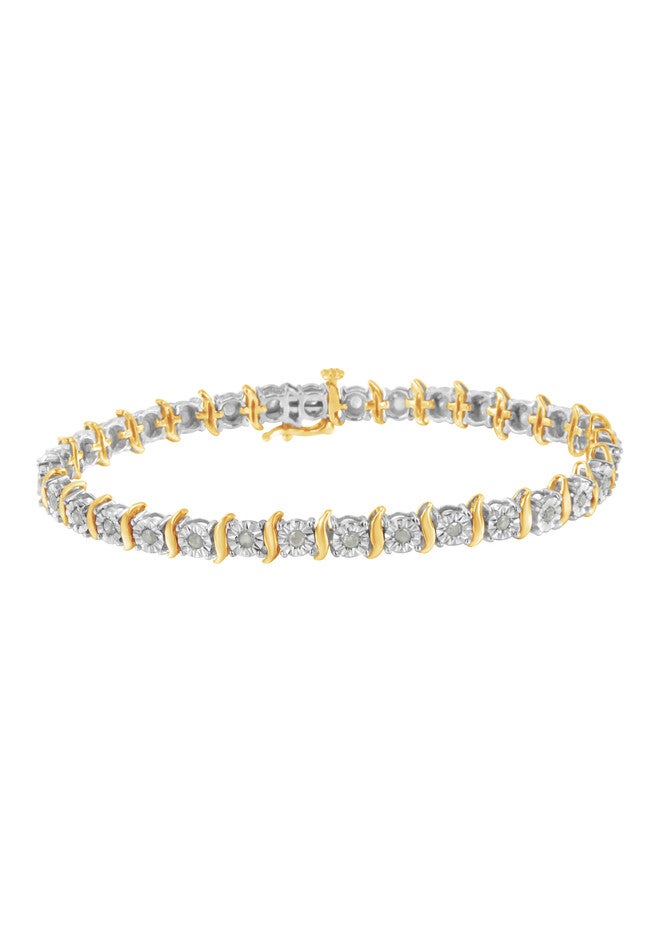 Two Toneyellow Gold Over Sterling Silver Diamond Scurve Link Miracleset Tennis Bracelet 8 inches, YELLOW GOLD SILVER, hi-res image number 0