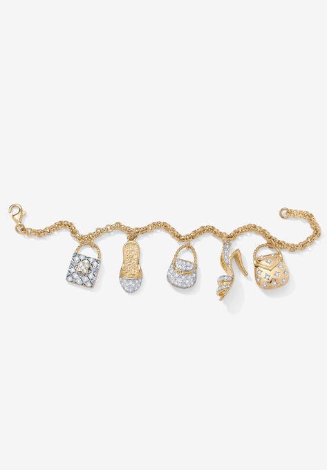 Goldtone Cubic Zirconia Charm Bracelet, 7.5" with .5" extender, , alternate image number null