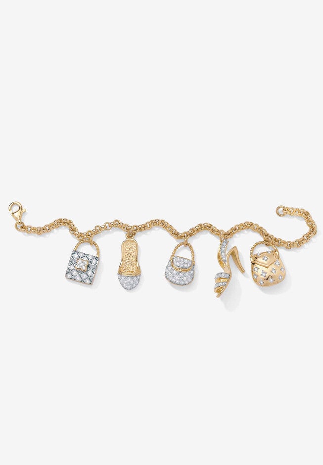 Goldtone Cubic Zirconia Charm Bracelet, 7.5 inches with .5 inches extender, , alternate image number null