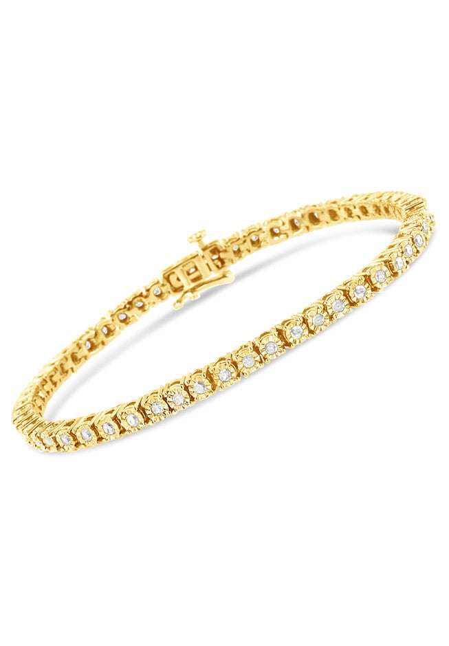 Yellow Gold Plated Sterling Silver Miracleset Diamond Round Faceted Bezel Tennis Bracelet 6 inches, , on-hover image number null