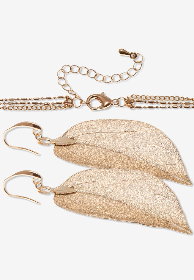 Rose Gold-Plated Leaf Necklace Set, 26 Inches, Plus 2 Inch Extension, , on-hover image number null