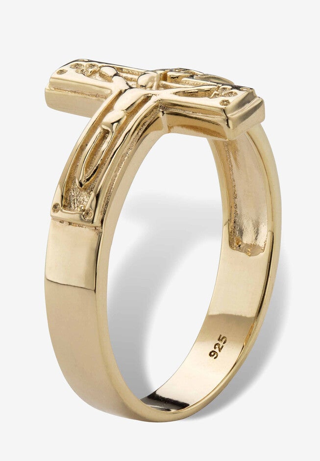 Gold-Plated Sterling Silver Horizontal Crucifix Cross Ring, , on-hover image number 1
