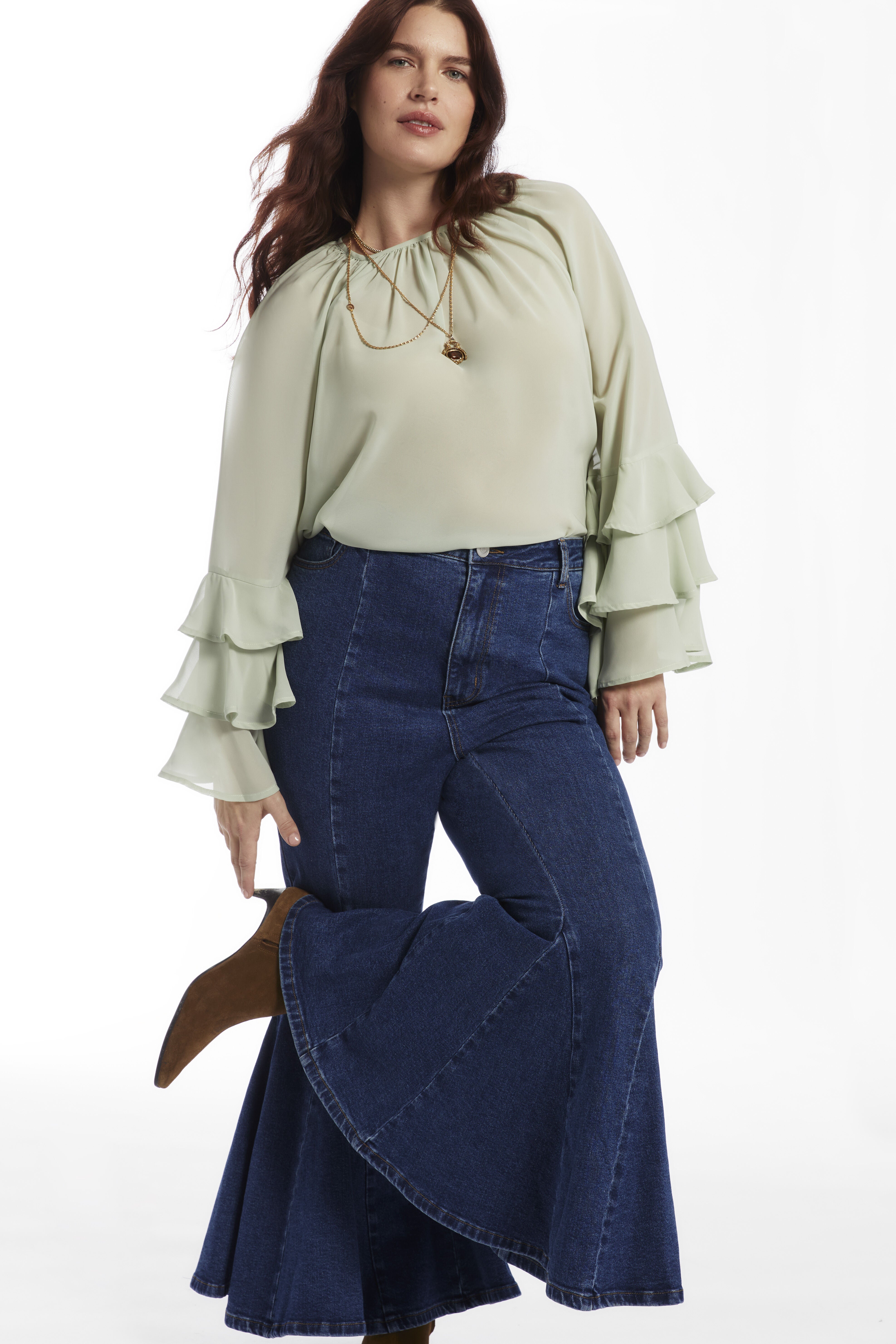 High Waisted Flare Godet Jean, VINTAGE MEDIUM WASH, on-hover image number 1