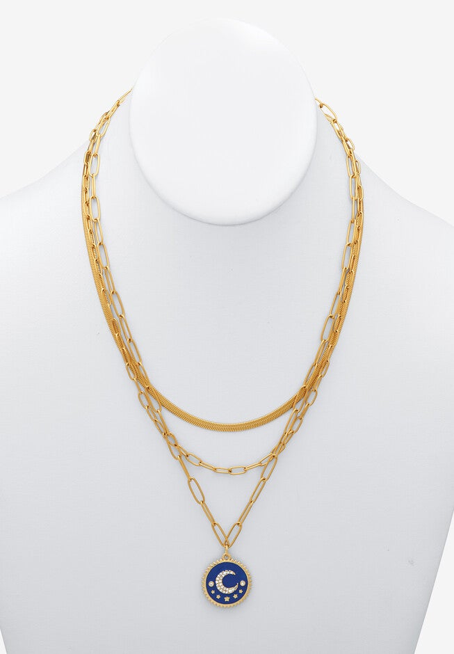 Yellow Gold Ion-Plated Stainless Steel 3-Strand Layered Necklace Set With Celestial Pendant, , alternate image number null
