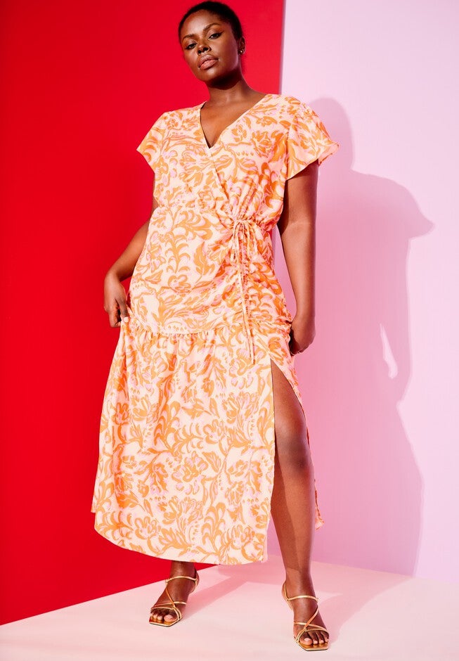 Faux-Wrap Maxi Dress, BOUQUET ORANGE, hi-res image number null
