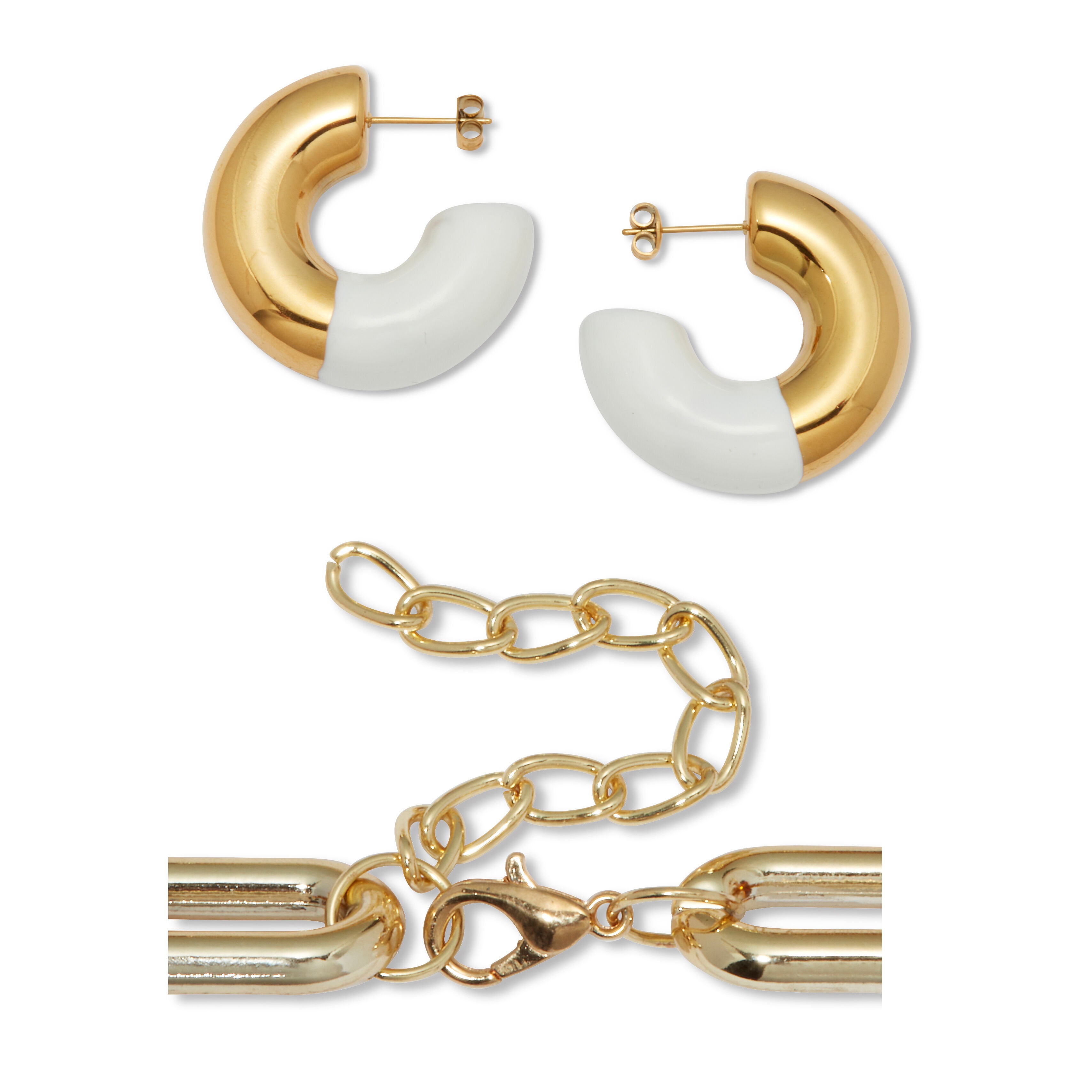 Acrylic Link Necklace and Gold Ion-Plated Stainless Steel Hoop Earrings Set, GOLD, on-hover image number 1