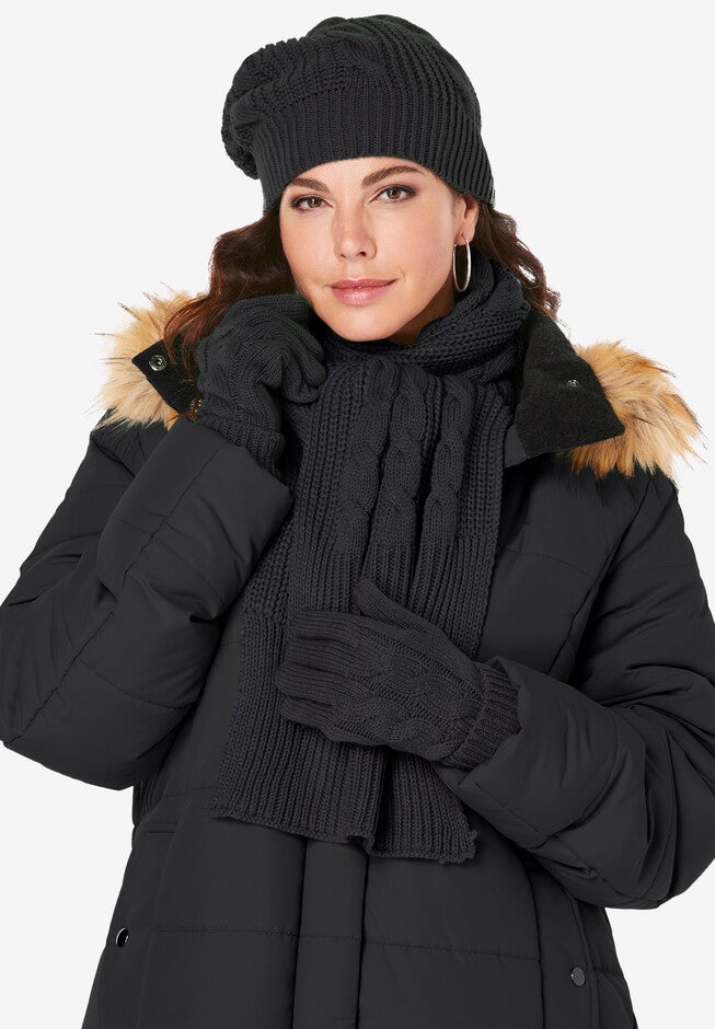 Cable Knit Gloves, BLACK, hi-res image number 0