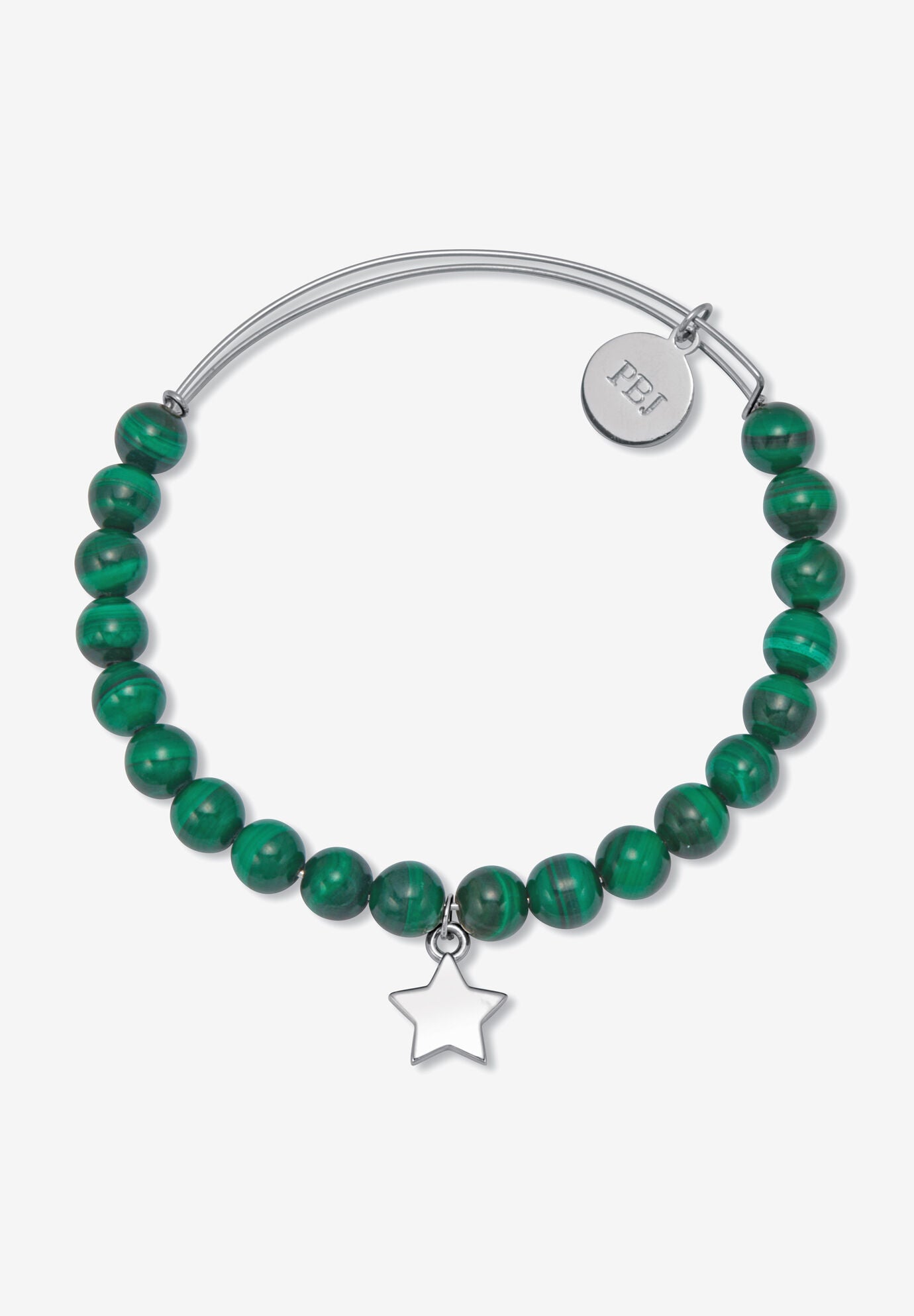 Genuine Green Malachite Silvertone Star Charm Bangle, 7.5 Inches, , on-hover image number 1