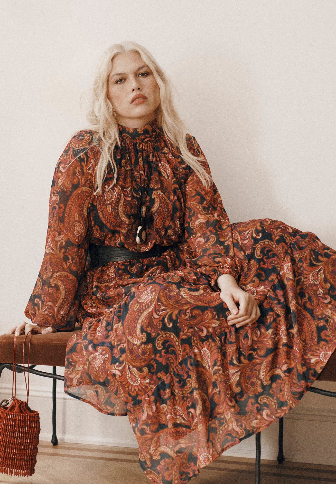 Mock-Neck Chiffon Midi Dress