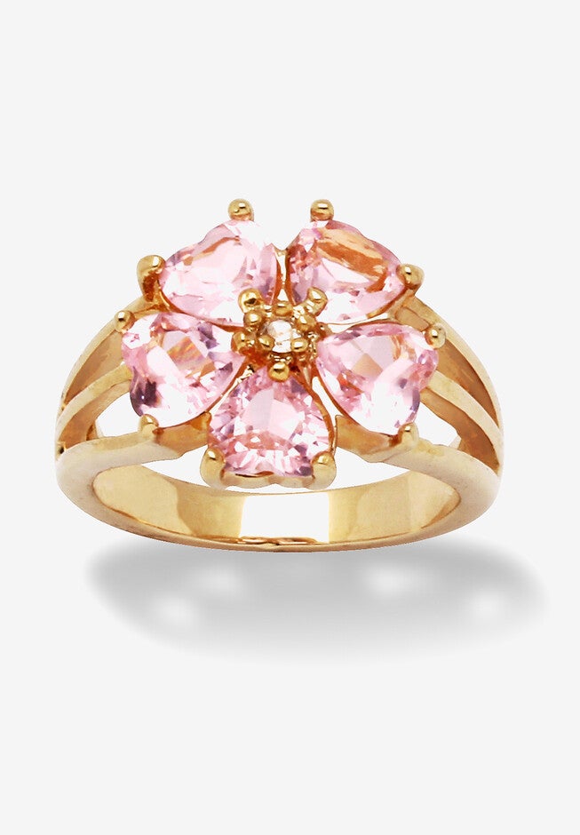 Yellow Gold-Plated Heart Shaped Flower Petals Ring Pink Cubic Zirconia Jewelry, CUBIC ZIRCONIA, hi-res image number null