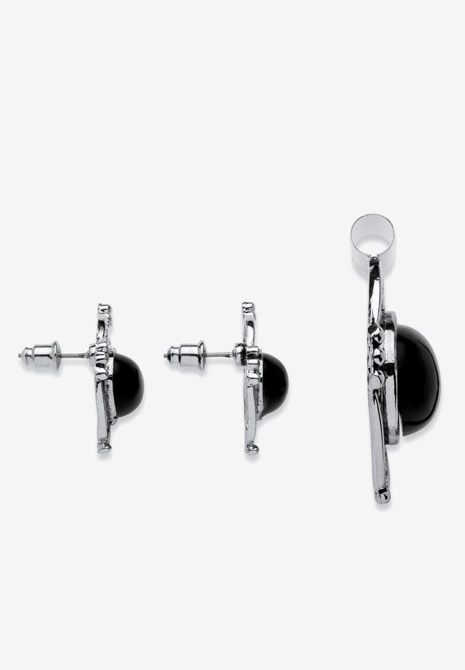 Silver Tone Antiqued Pendant Oval Shaped Black Onyx with 16 inch Chain, , on-hover image number 1