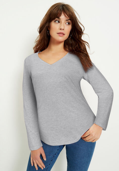 Long-Sleeve V-Neck One + Only Tee, HEATHER GREY, hi-res image number null