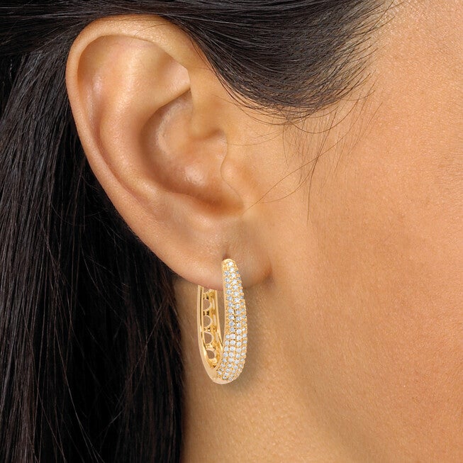 Crystal Four-Row Oval Pave-Style Goldtone Hoop Earrings, WHITE, alternate image number null