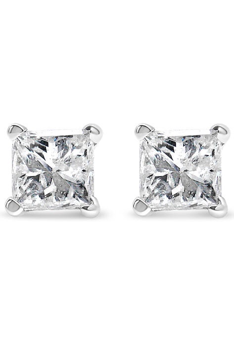 Princesscut Square Diamond 4Prong Solitaire Stud Earrings In White Gold (G-H Color), , on-hover image number null
