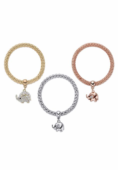 Gold Tone Crystal Elephant 8.5" Charm Stretch Bracelet Set, , on-hover image number null