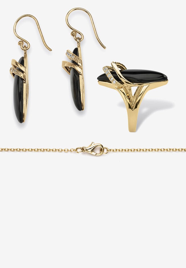 Yellow Gold-Plated Marquise Shaped Onyx And Round Ring Cubic Zirconia (1/2 Cttw) Jewelry, , on-hover image number null