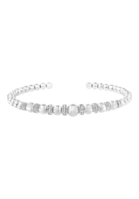 Sterling Silver 1/4 Cttw Diamond Rondelle Graduated Ball Bead Cuff Bangle Bracelet, WHITE, hi-res image number null