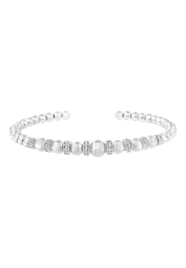 Sterling Silver 1/4 Cttw Diamond Rondelle Graduated Ball Bead Cuff Bangle Bracelet, WHITE, hi-res image number 0