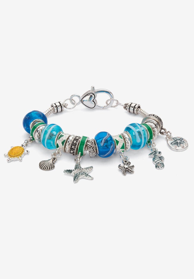 Silver Tone Antiqued Coastal Charm Bracelet (15Mm), Crystal, 7 Inches, CRYSTAL, hi-res image number null