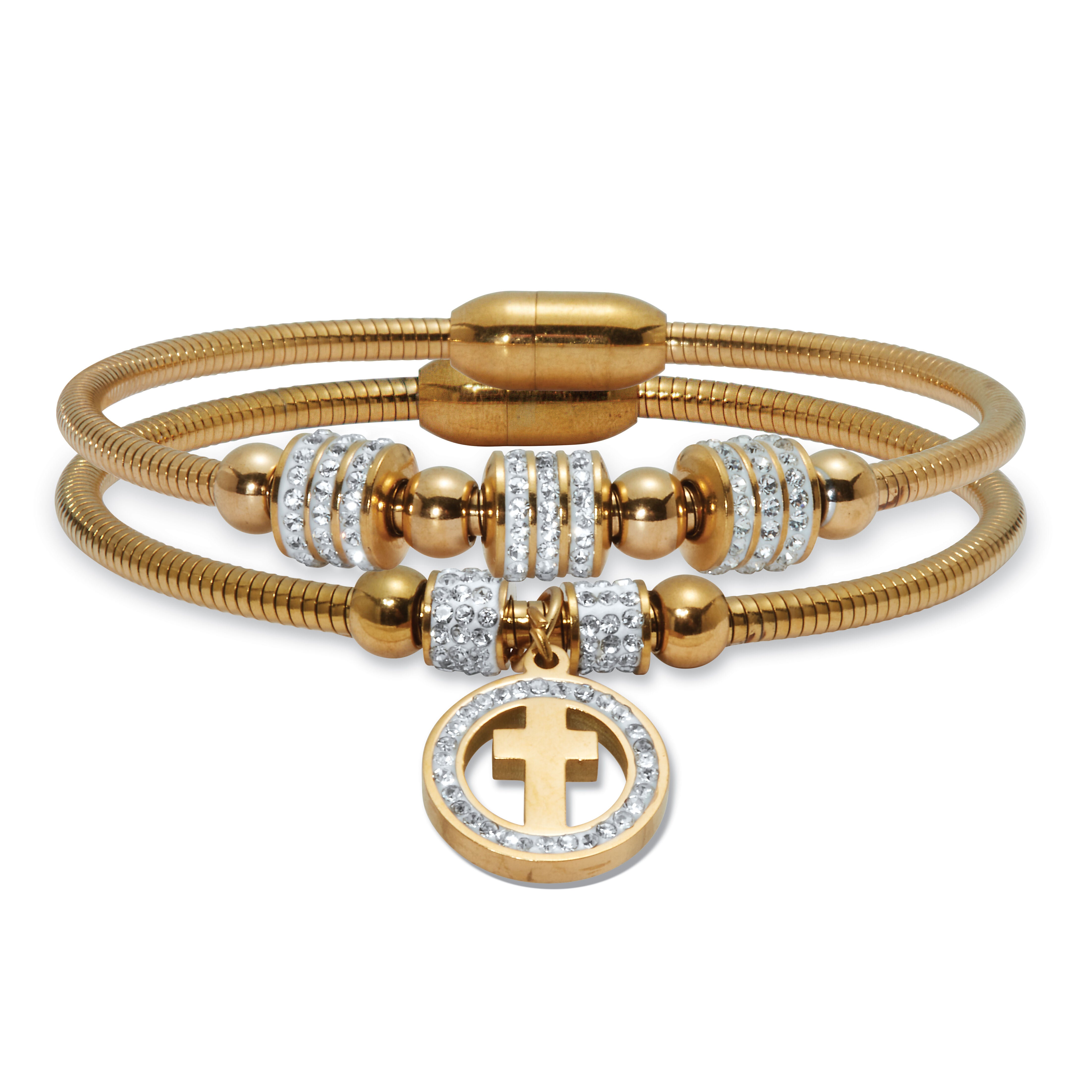 Round Crystal Gold Ion-Plated Stainless Steel Cross Charm Bracelet Set 7-inch, WHITE, hi-res image number 0