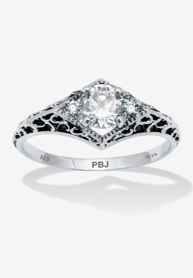 .75 Tcw Round Cubic Zirconia Antiqued Sterling Silver Filigree Ring, WHITE, hi-res image number null