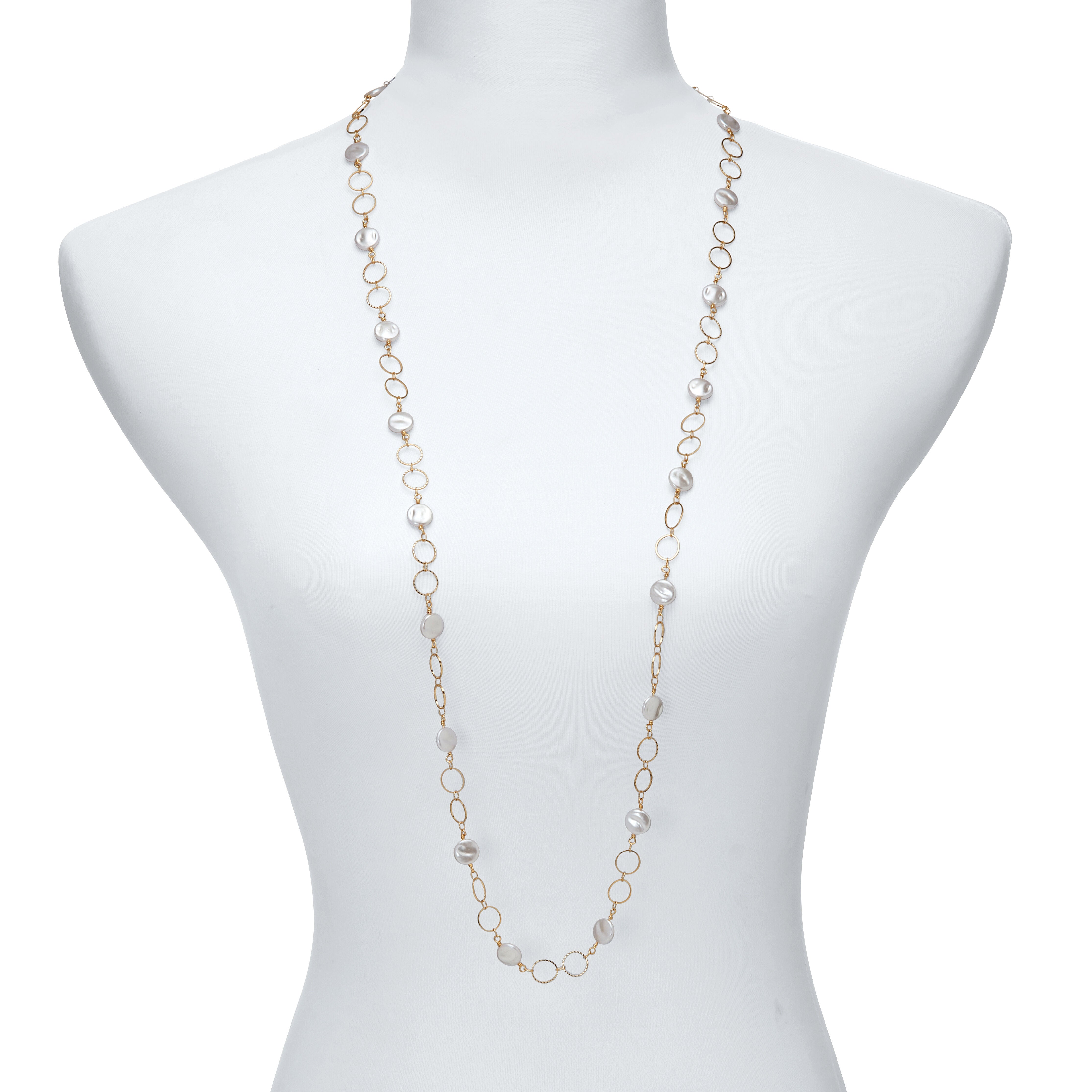 Round Genuine Mother of Pearl Hammered Goldtone Endless Necklace, 40 inches, WHITE, alternate image number 3