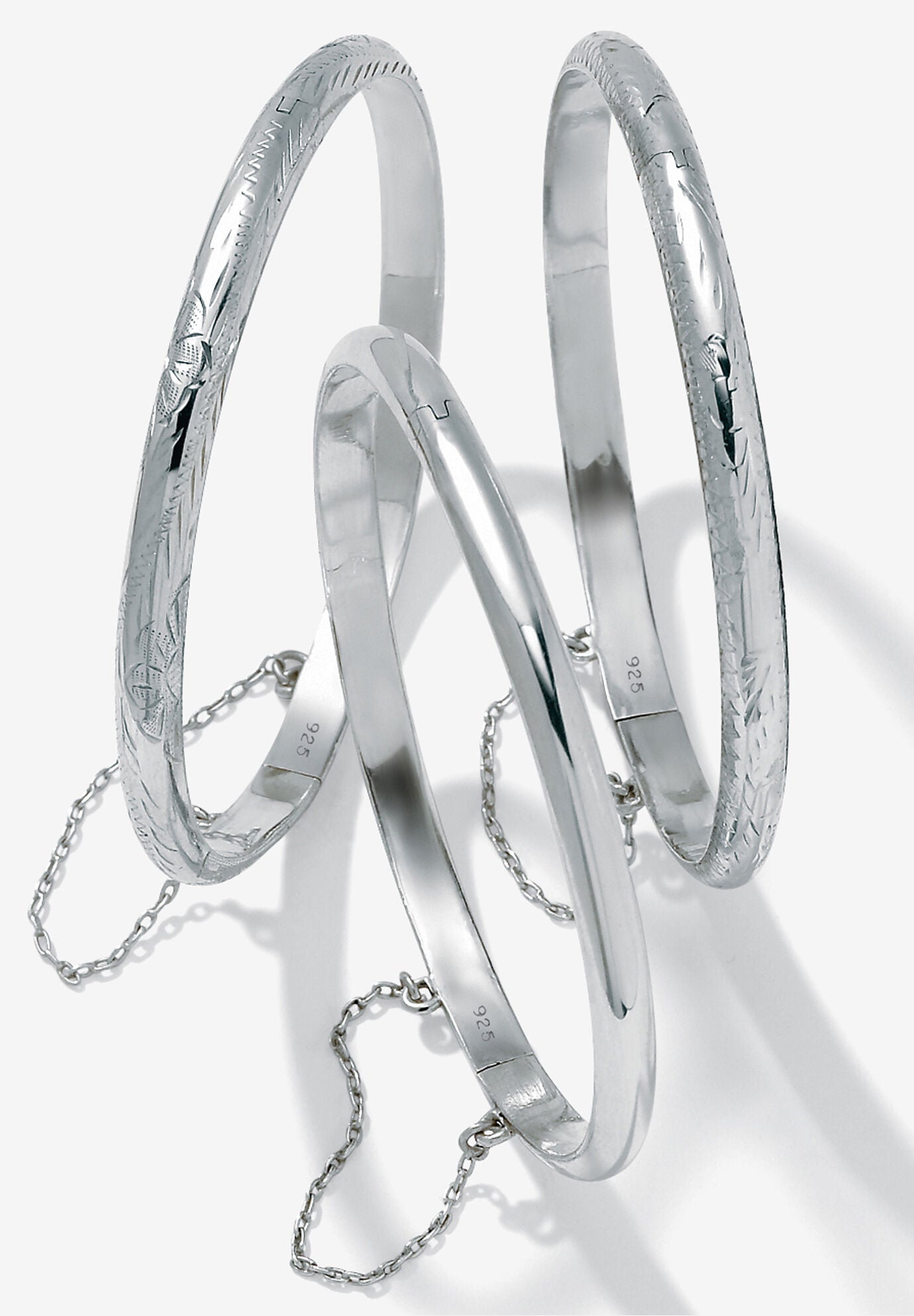 Polished, Engraved And Floral Three-Piece Bangle Set In .925 Sterling Silver Jewelry, , on-hover image number 1