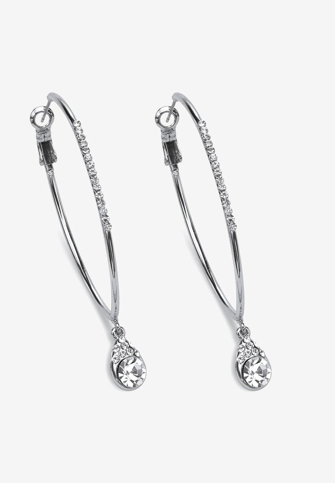 Silvertone Teardrop Hoop Earrings (64Mm) Round Crystal Jewelry, CRYSTAL, hi-res image number null
