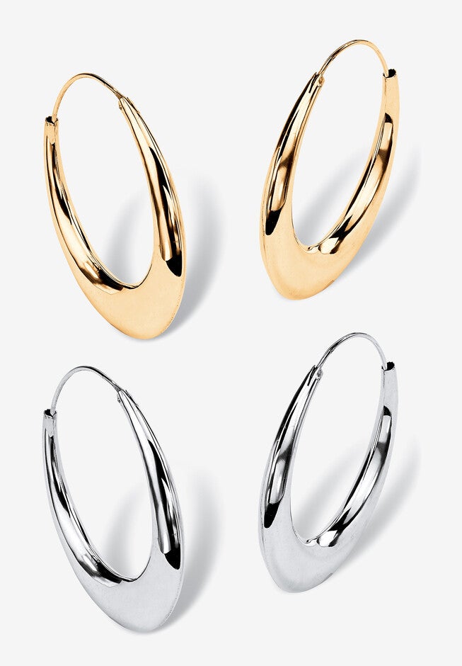 Gold-Plated And Sterling Silver Polished Puffed Hoop Earring Set 1 7/8 Inch, GOLD SILVER, hi-res image number null