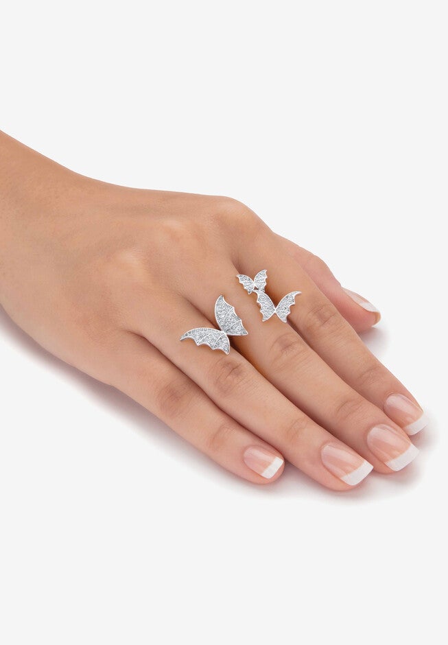 Silvertone Round Crystal Adjustable Butterfly Ring, , alternate image number null