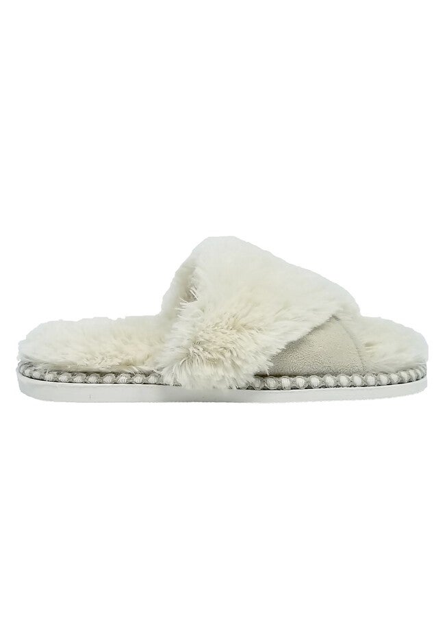Faux Fur Criss Cross Open Toe Scuff Slippers, , alternate image number null