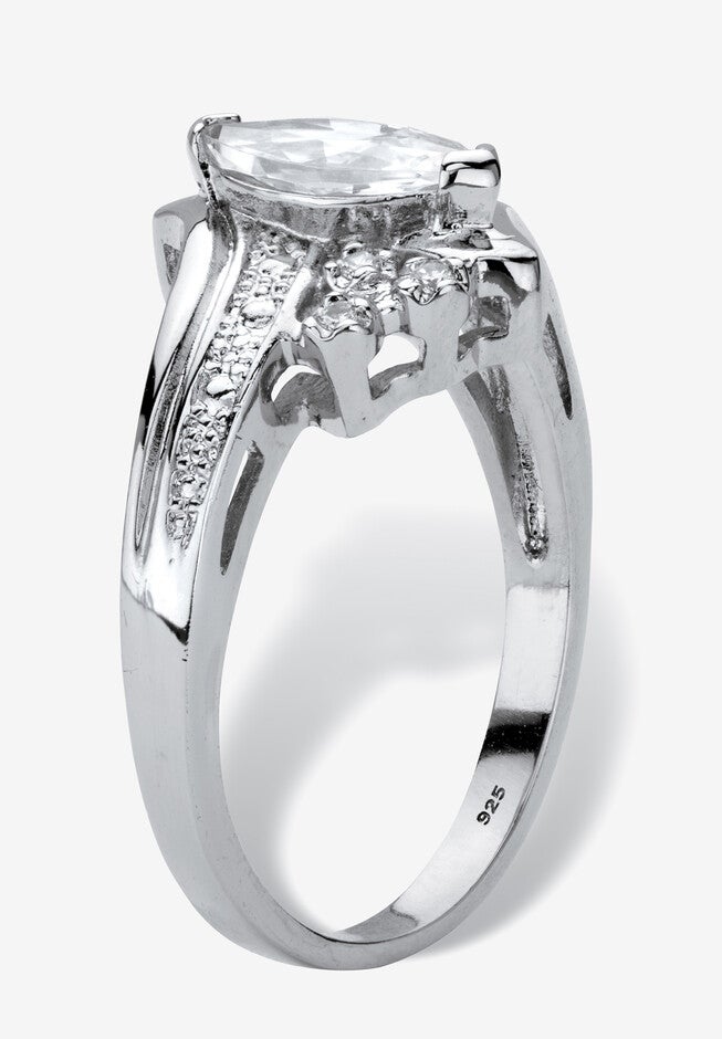 1.03 Tcw Marquise-Cut Cubic Zirconia Platinum-Plated Silver Engagement Ring, , on-hover image number null