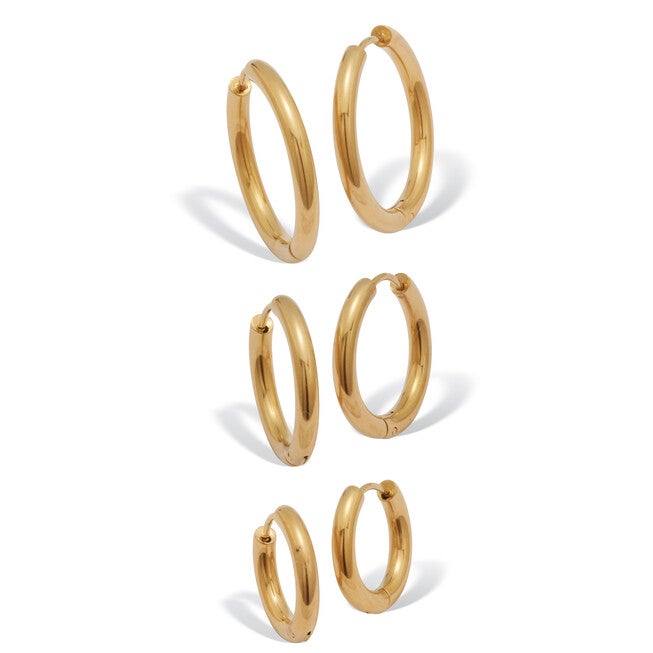 3-Pair Gold Ion-Plated Stainless Steel Hoops, 5/8 inches, 7/10 inches and 1 inches, YELLOW, hi-res image number null
