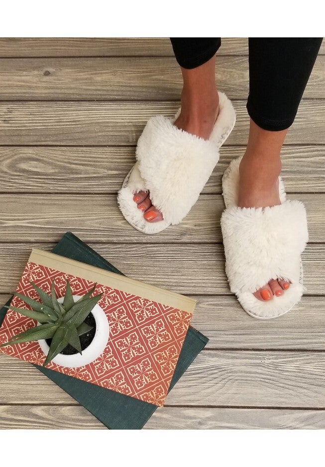 Faux Fur Criss Cross Open Toe Scuff Slippers, , on-hover image number null
