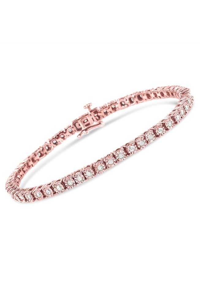 Rose Gold Plated Sterling Silver Miracleset Diamond Round Faceted Bezel Tennis Bracelet 7 inches, , on-hover image number null