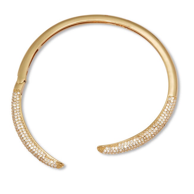 Crystal Cuff Bangle Yellow Goldtone Sleek Bracelet 7-inch, WHITE, on-hover image number null