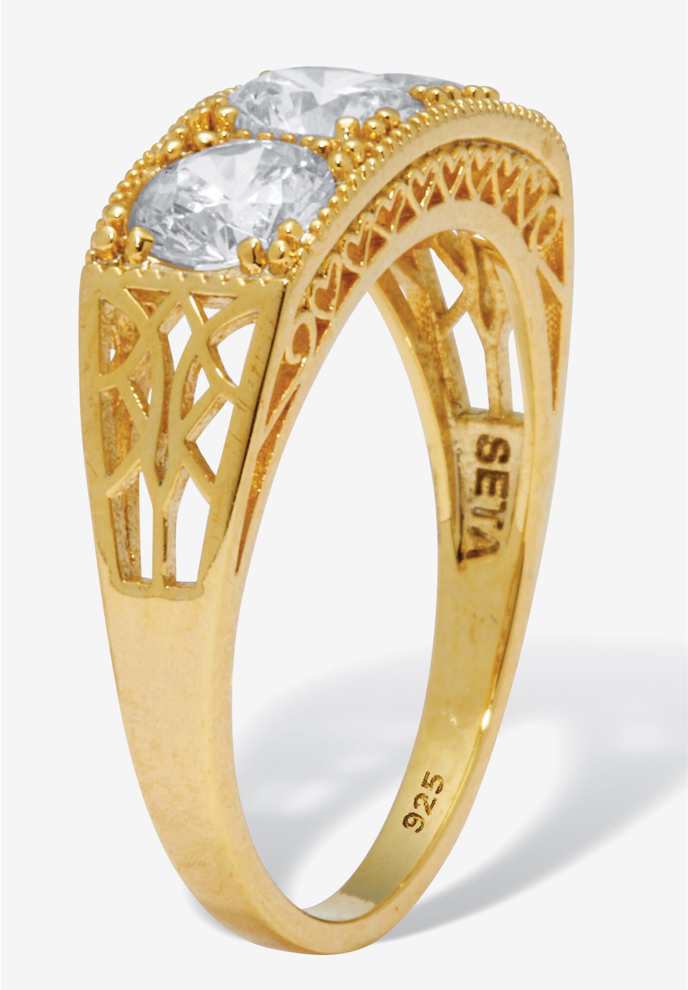 4.50 Tcw Round Cubic Zirconia Yellow Gold-Plated Sterling Silver 3-Stone Ring, , on-hover image number 1