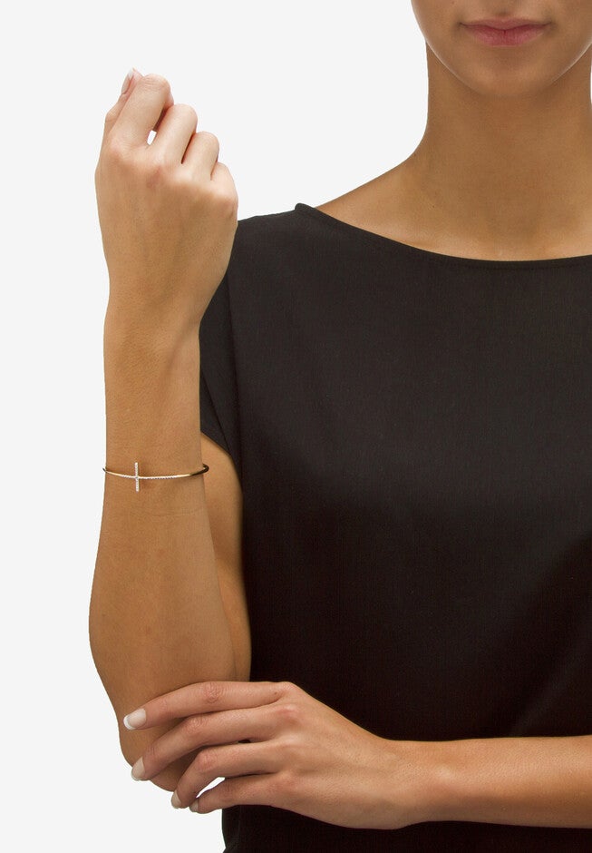 Pave Diamond Accent Horizontal Cross Bracelet 18K Gold-Plated, , alternate image number null