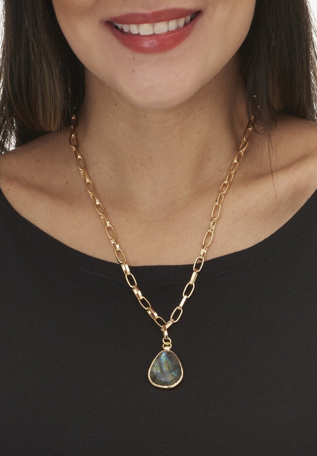 Genuine Blue Labradorite Goldtone Drop Necklace, 20-Inch Length, , alternate image number 2