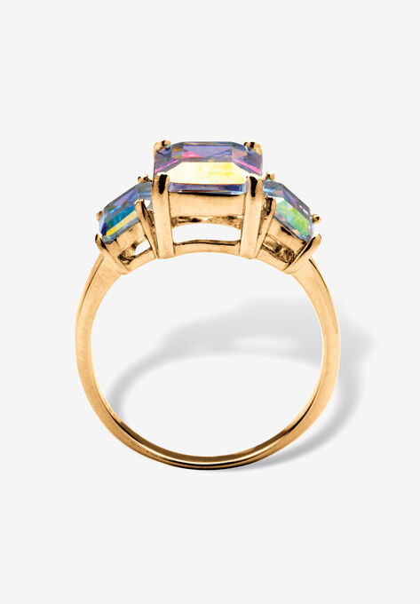 Gold-Plated Emerald Cut And Aurora Borealis Cubic Zirconia Ring Jewelry, , on-hover image number null