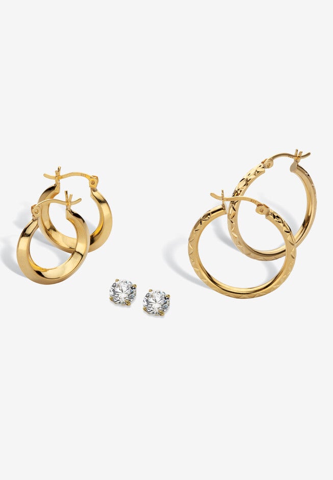 Yellow Gold Plated Sterling Silver 3 Piece Earring Set (1 Cttw ) (17.5Mm) (25Mm), GOLD, hi-res image number null