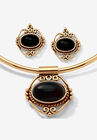 Yellow Gold Plated Antiqued 2 Piece Set Pendant (37mm) Oval Shaped Natural Black Onyx, YELLOW GOLD, hi-res image number 0