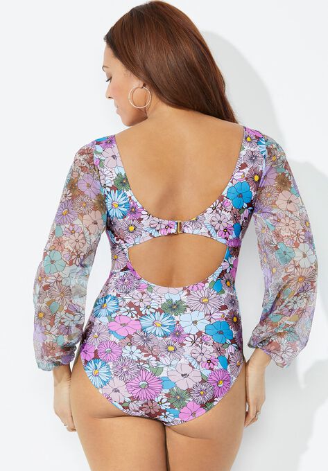 Cup Sized Chiffon Sleeve One Piece Swimsuit, , alternate image number null