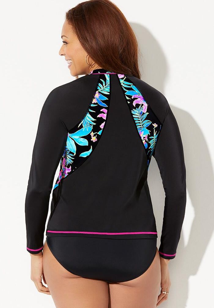 Chlorine Resistant Zip Front Long Sleeve Swim Shirt Rash Guard, AQUA BLUE ABSTRACT, on-hover image number 1