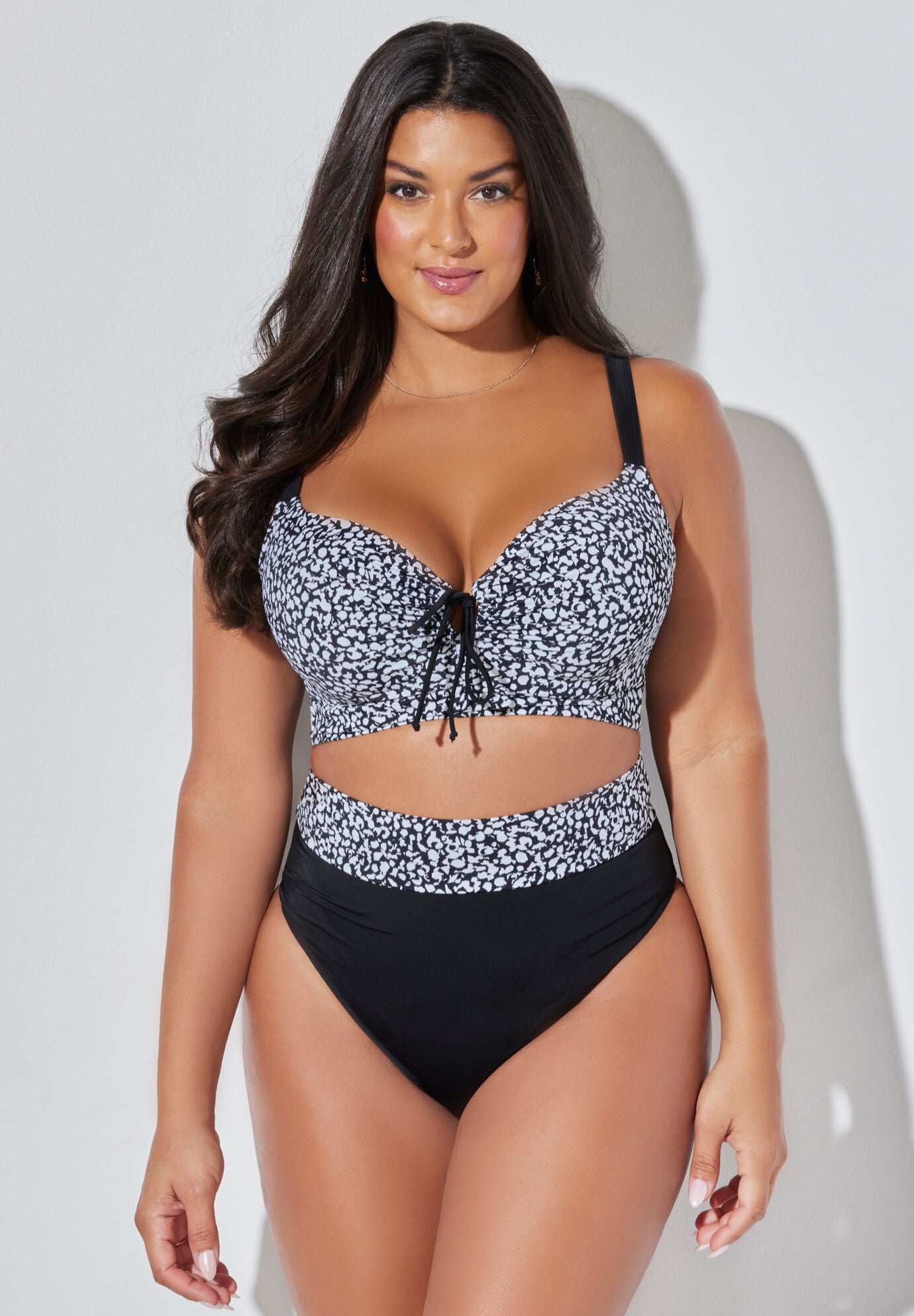 Bra Sized Tie Front Longline Underwire Bikini High Waist Bikini Set, , hi-res image number 0