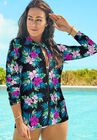 Chlorine Resistant Zip Up Swim Shirt, PINK BLACK TROPICAL, hi-res image number null