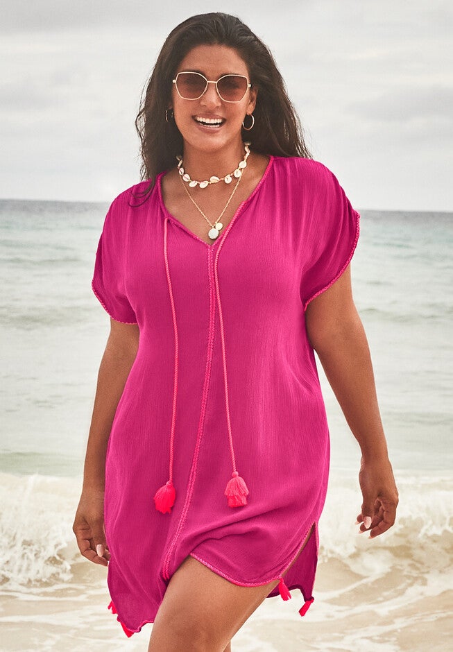 Caftan Tassel Beach Tunic Cover Up, FRUIT PUNCH CORAL, hi-res image number 0