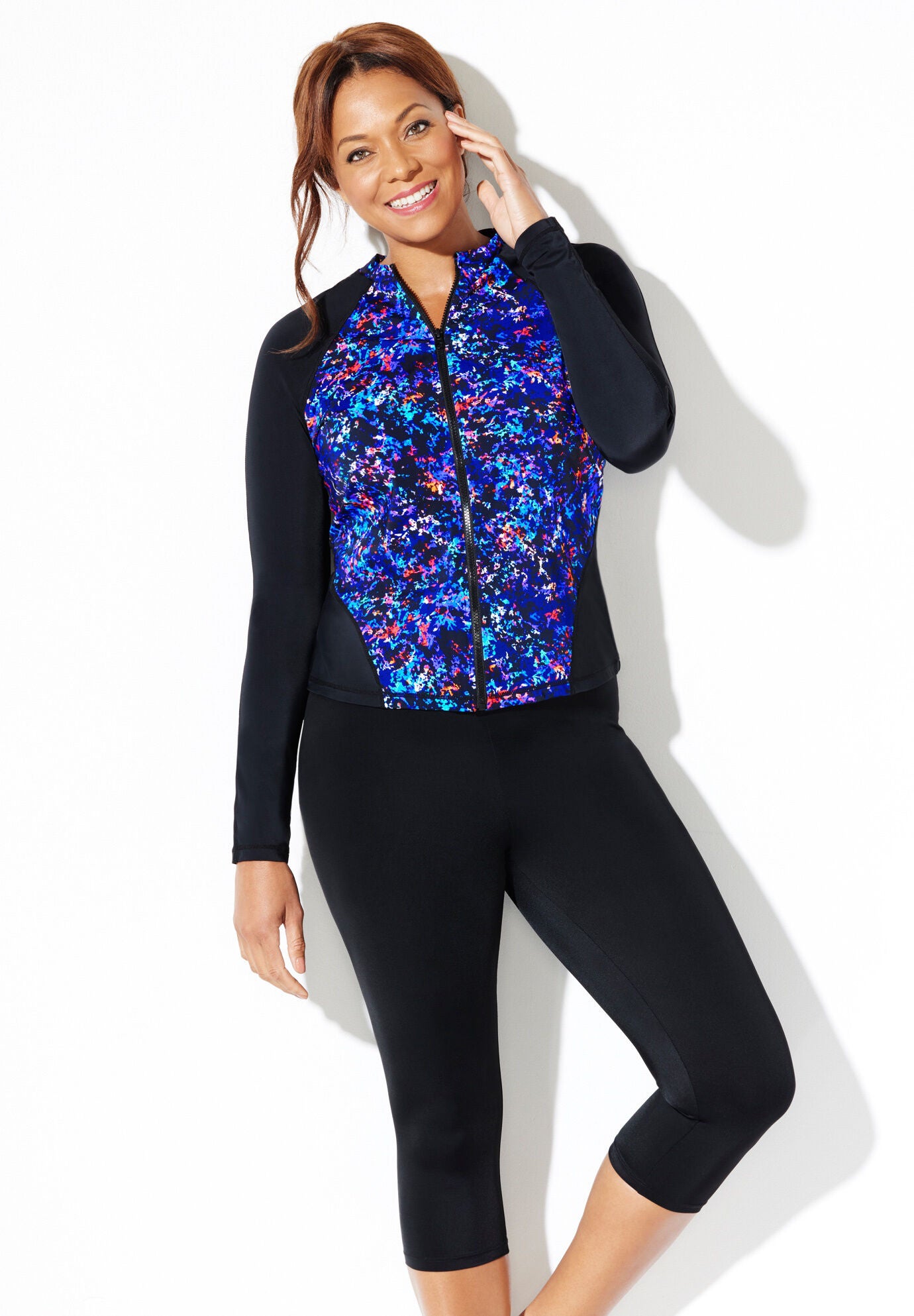 Chlorine Resistant Zip Front Long Sleeve Swim Shirt Set With Capri, , hi-res image number 0