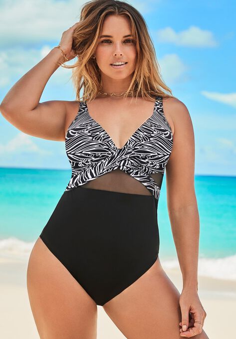 Cut Out Mesh Underwire One Piece Swimsuit, BLACK WHITE JUNGLE, hi-res image number null